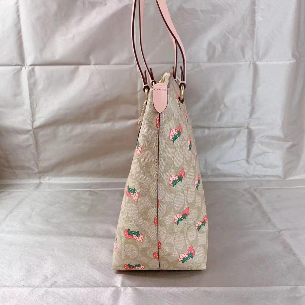 Coach CB595 Gallery Tote In Signature Canvas With Strawberry Print In Gold/Light Khaki Multi Coach CB595 Gallery Tote In Signature Canvas With Strawberry Print In Gold/Light Khaki Multi